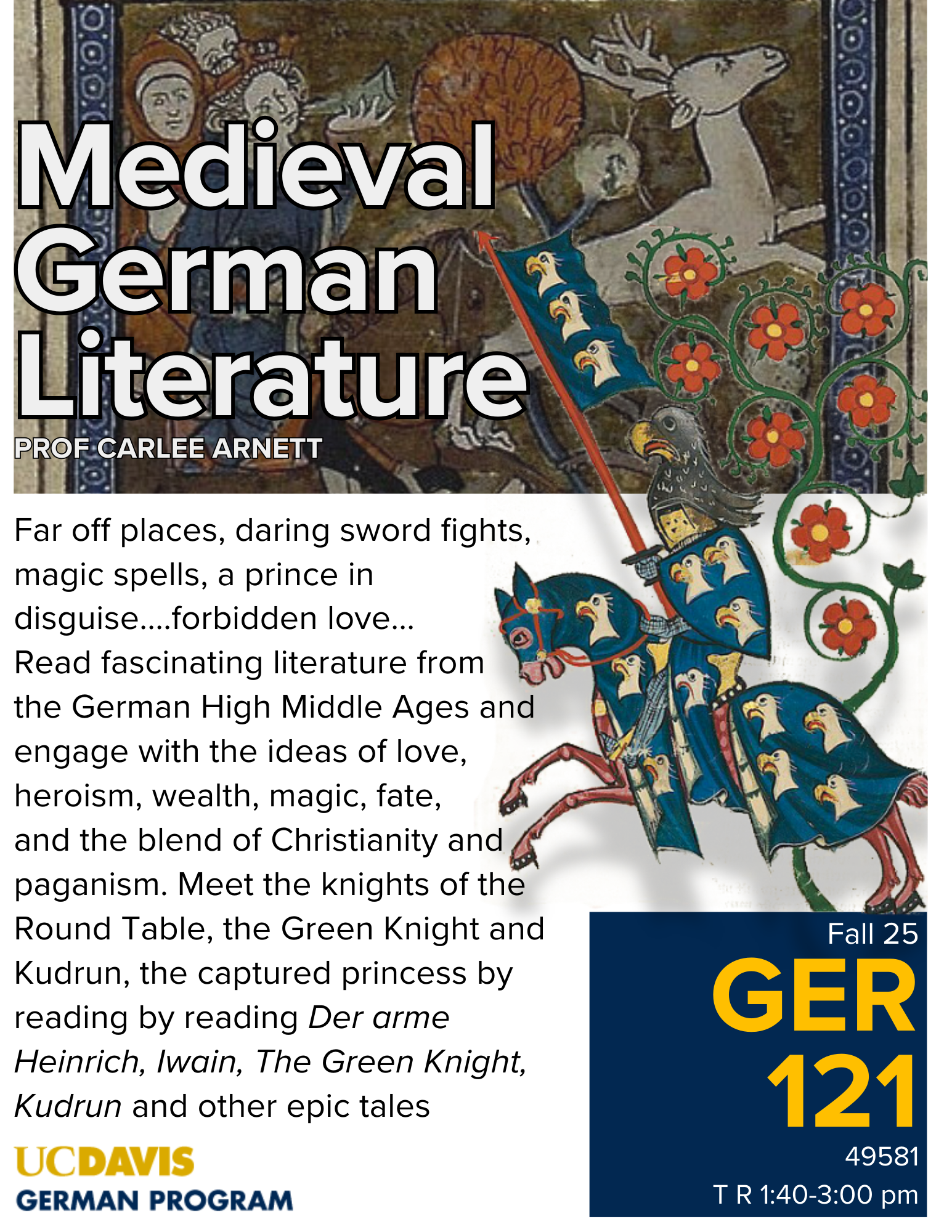 A flyer for GER 121, featuring medieval art.