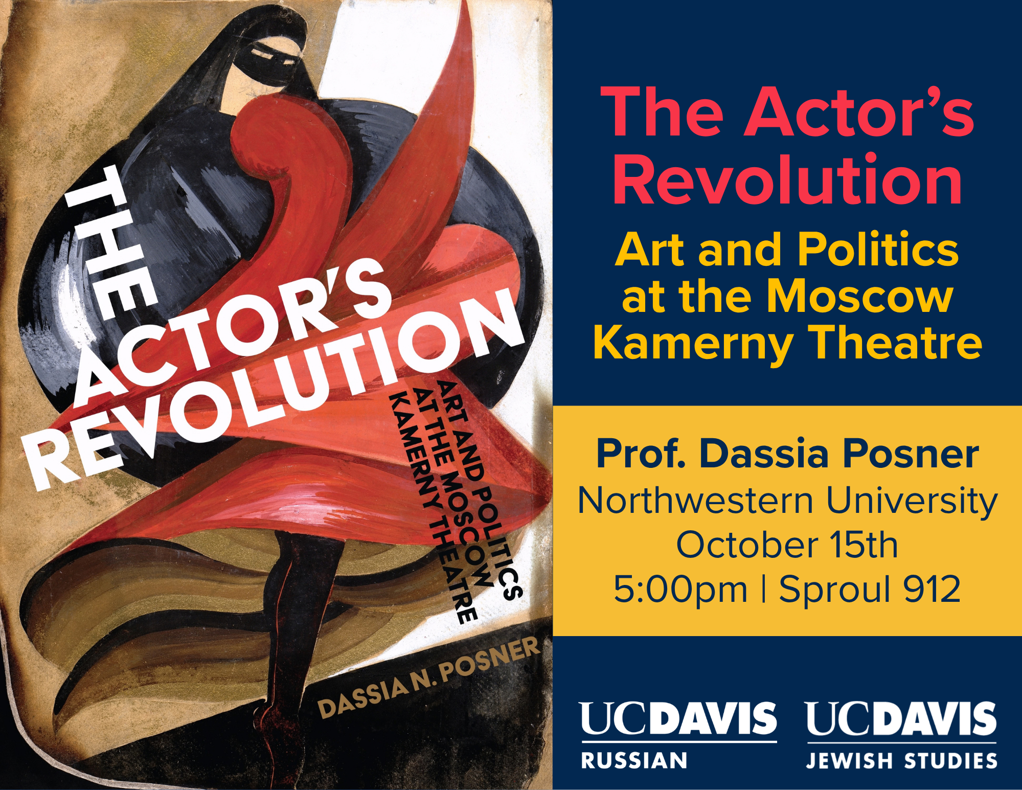 Poster with stylized masked actor and blue panel for The Actor's Revolution lecture