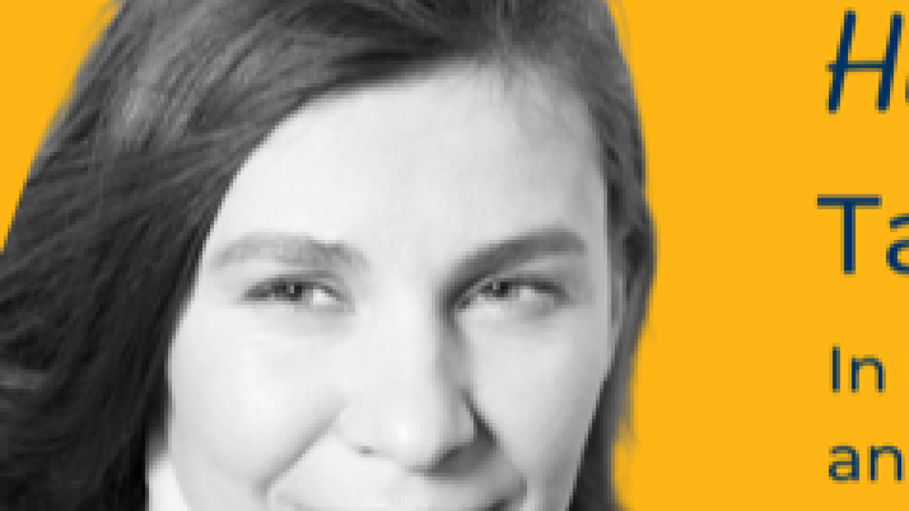 black and white headshot on yellow background