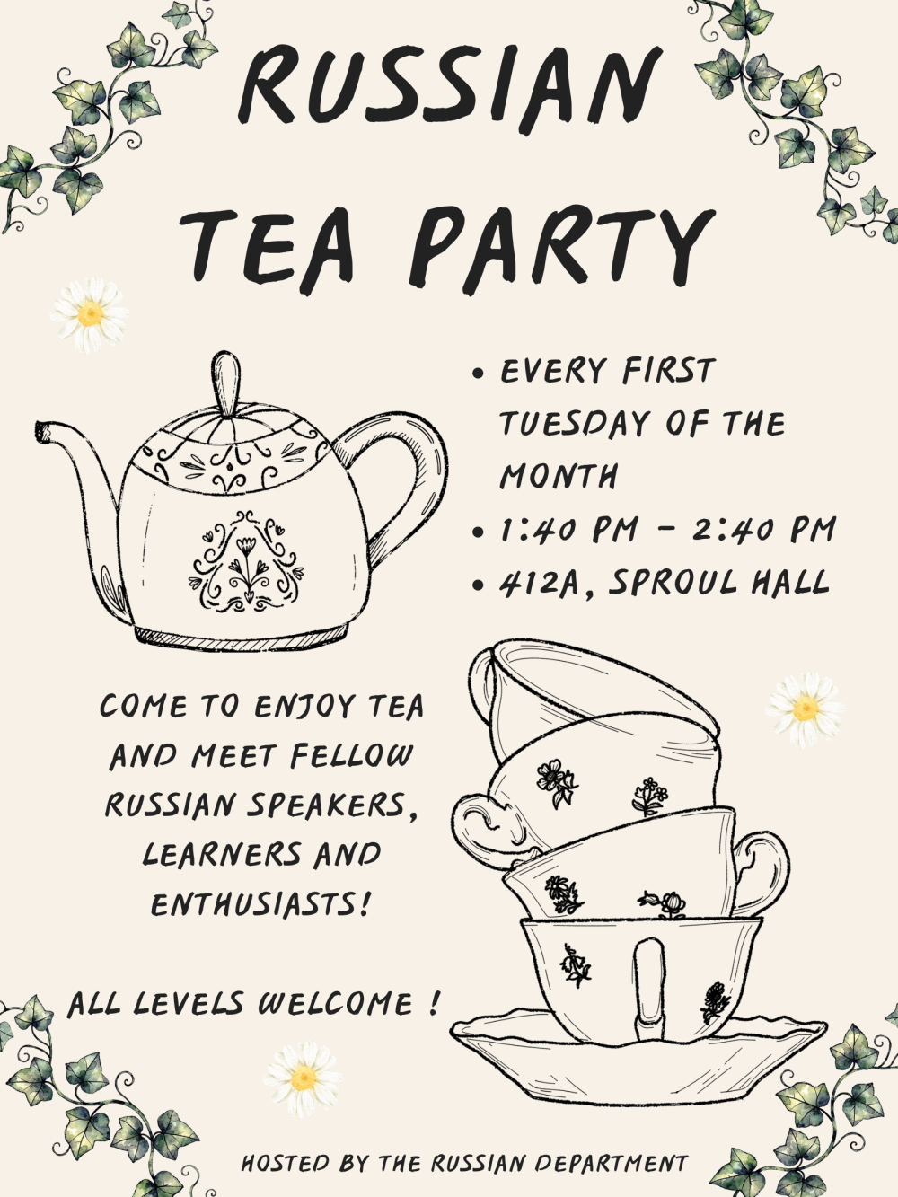 Graphic flyer: hand-drawn teapot, stacked teacups, floral border, Russian Tea Party