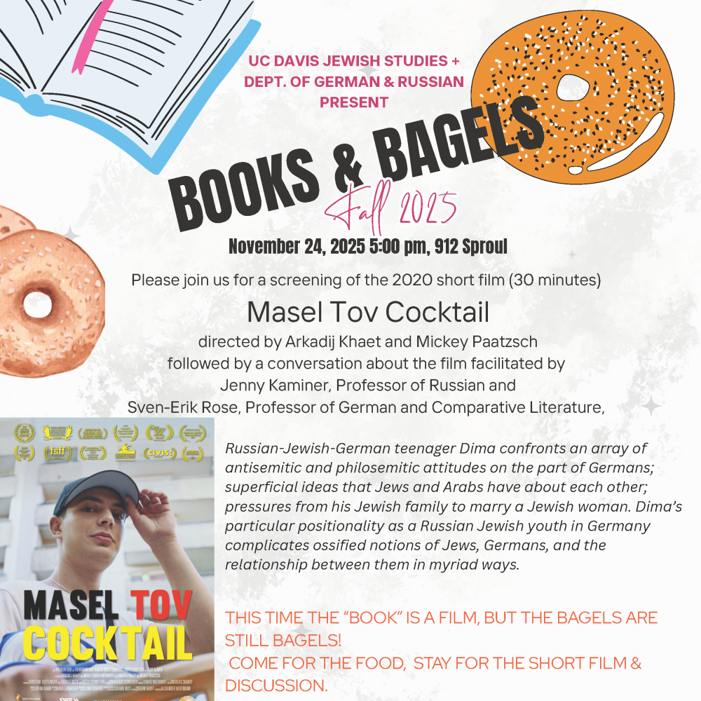 A flyer for the Bagels and Books event, with art of bagels, books, and the film's poster.