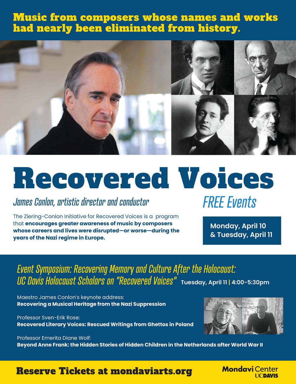 A flyer for the upcoming event, featuring headshots of various composers