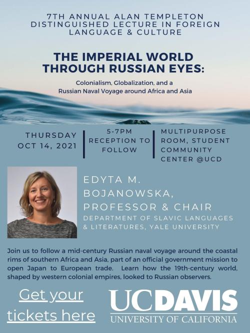Poster for "The Imperial World Through Russian Eyes: Colonialism, Globalization, and a Russian Naval Voyage Around Africa and Asia" is shown with a blue ocean background and a photo of Professor Bojanowska
