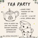 Graphic flyer: hand-drawn teapot, stacked teacups, floral border, Russian Tea Party
