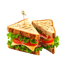Layered sandwich with lettuce, tomato, cheese, and ham on whole grain bread.