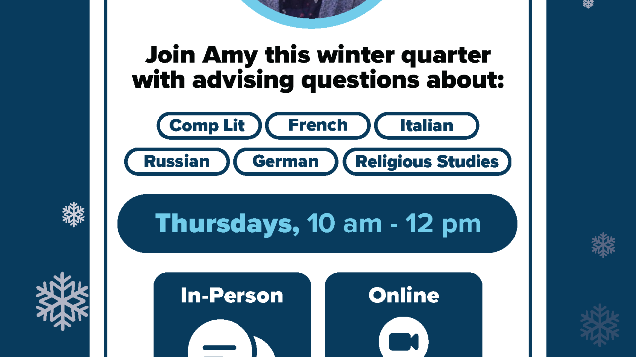 A flyer for virtual advising, with a photo of Amy, the details are written out above.