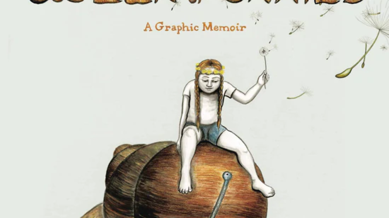 A Fantastical book cover for Queen of Snails, a young girl rides atop a giant snail