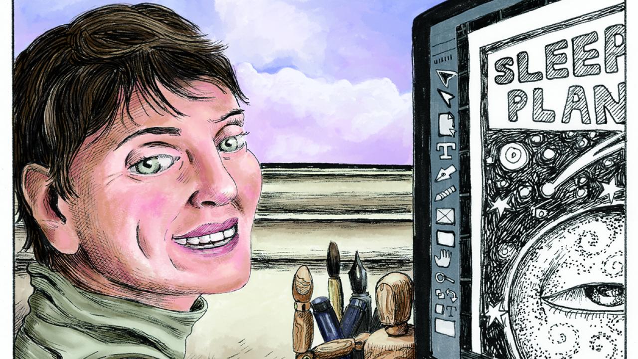 A color drawing of a woman facing the camera, near a computer with photoshop open