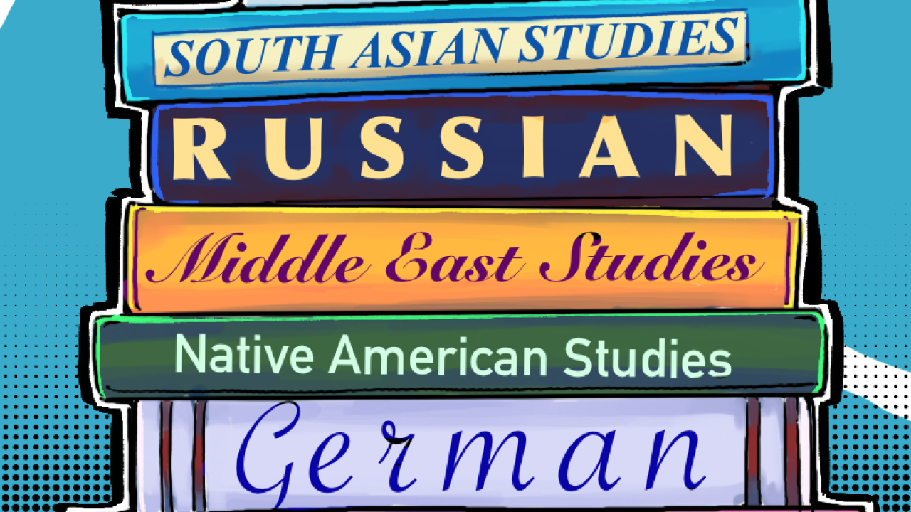 A stack of books, with the names of small majors on their spines