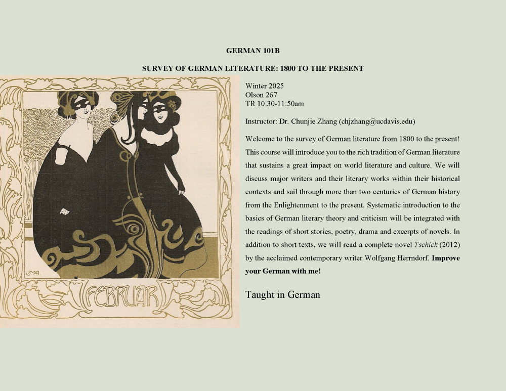 A flyer for GER 101B, featuring art deco art of women in black.