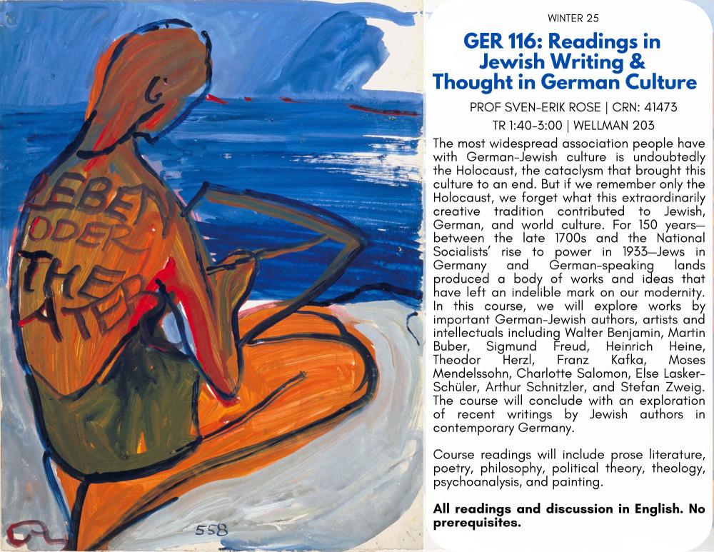 A flyer for GER 116 featuring the course description and an impressionist painting of a figure by the sea