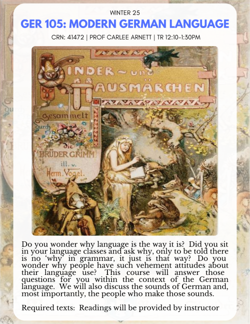 A flyer for GER 105, featuring classic art for Grimm's Fairytales, and the course description