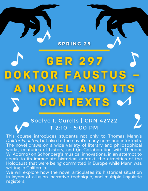 A flyer for GER 297. Demonic hands drop musical notes. A course description, which is written out above.