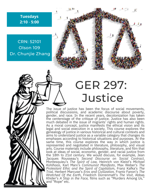 A flyer for GER 297 featuring lady liberty and scales