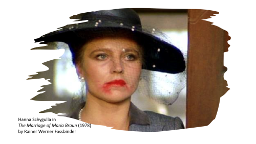 a woman with a hat and smeared lipstick